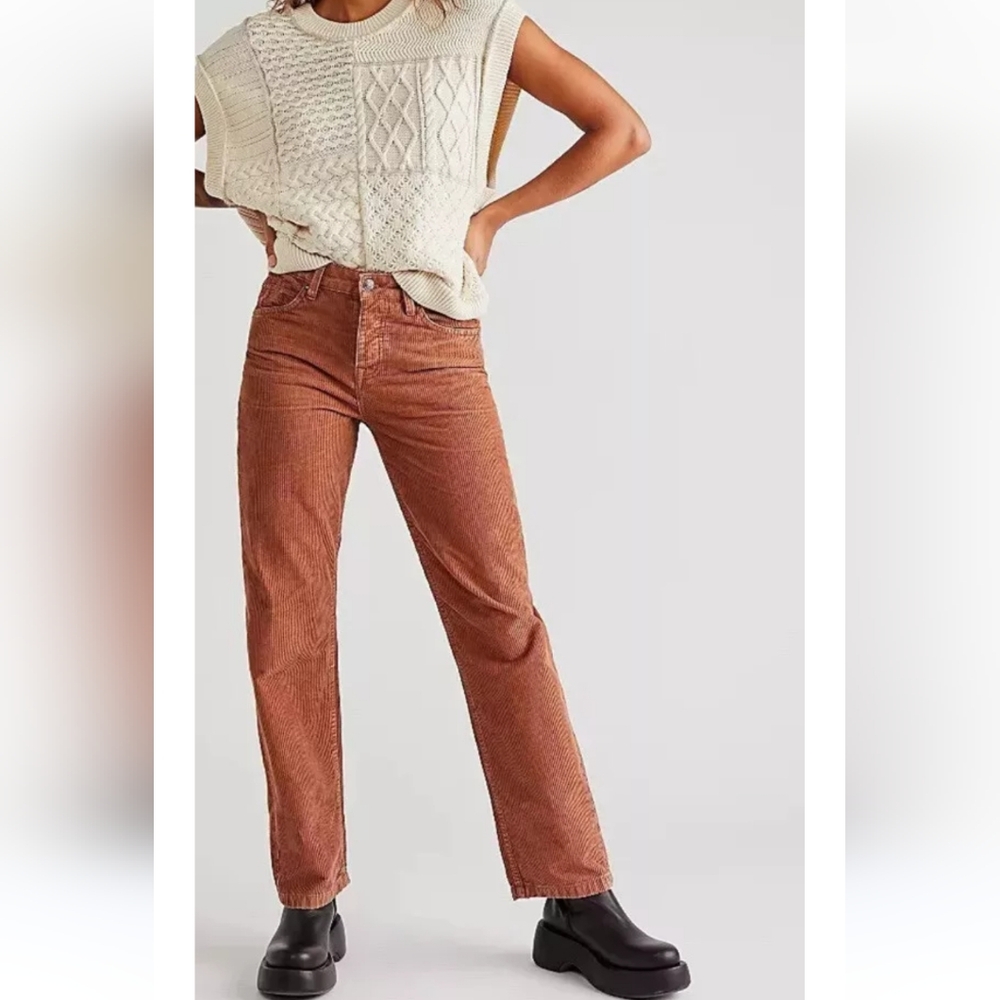 Free People Pax Mid Rise Slim Boyfriend  Jeans Brown Corduroy Size 26